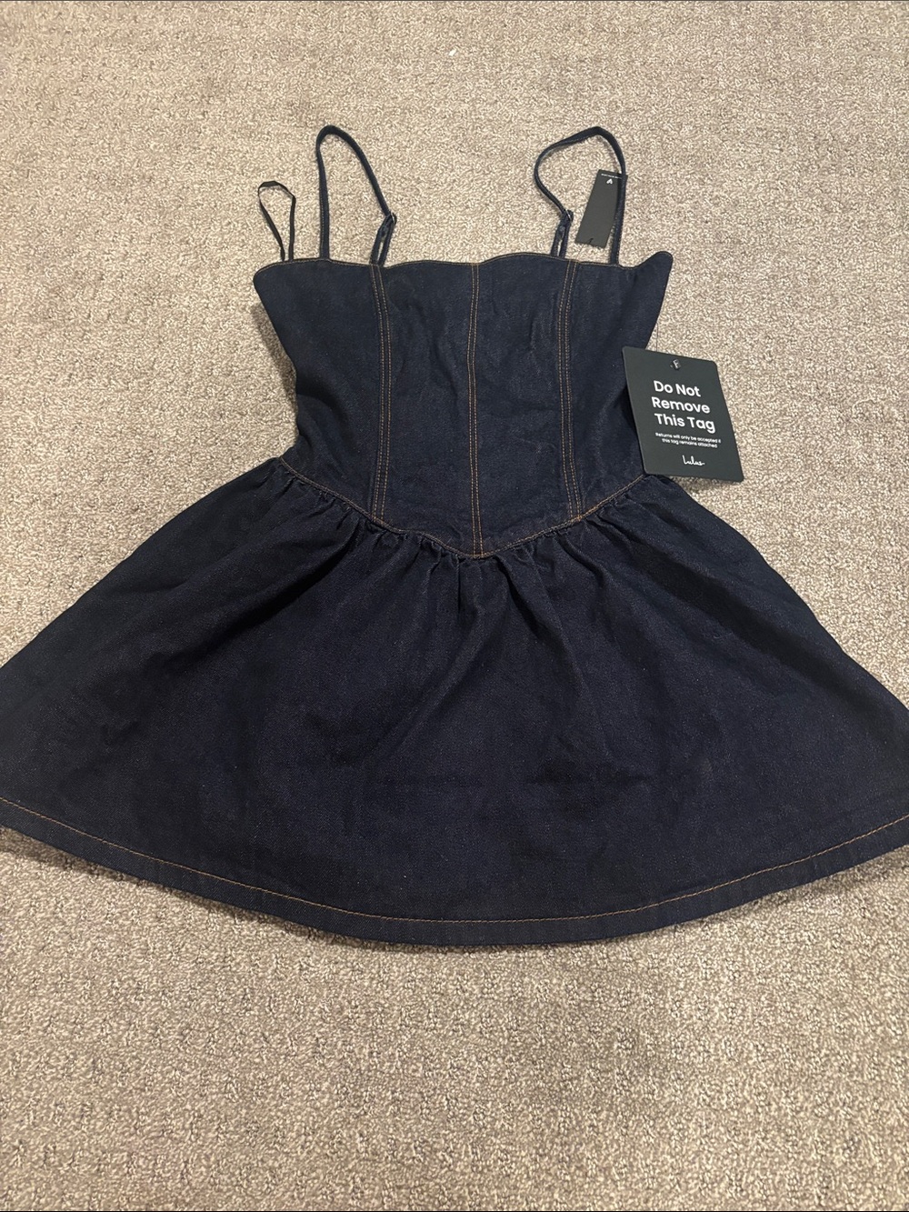 Lulu's Dark Navy Denim Fit-and-Flare Spaghetti Strap Dress